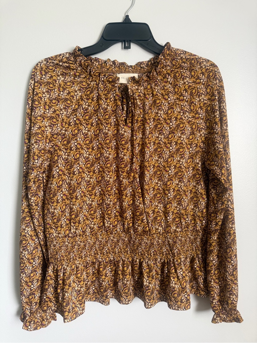 Melloday Nordstrom Rack Floral Ruffle Tie neck  Smocked-Waist Long Sleeve Top M